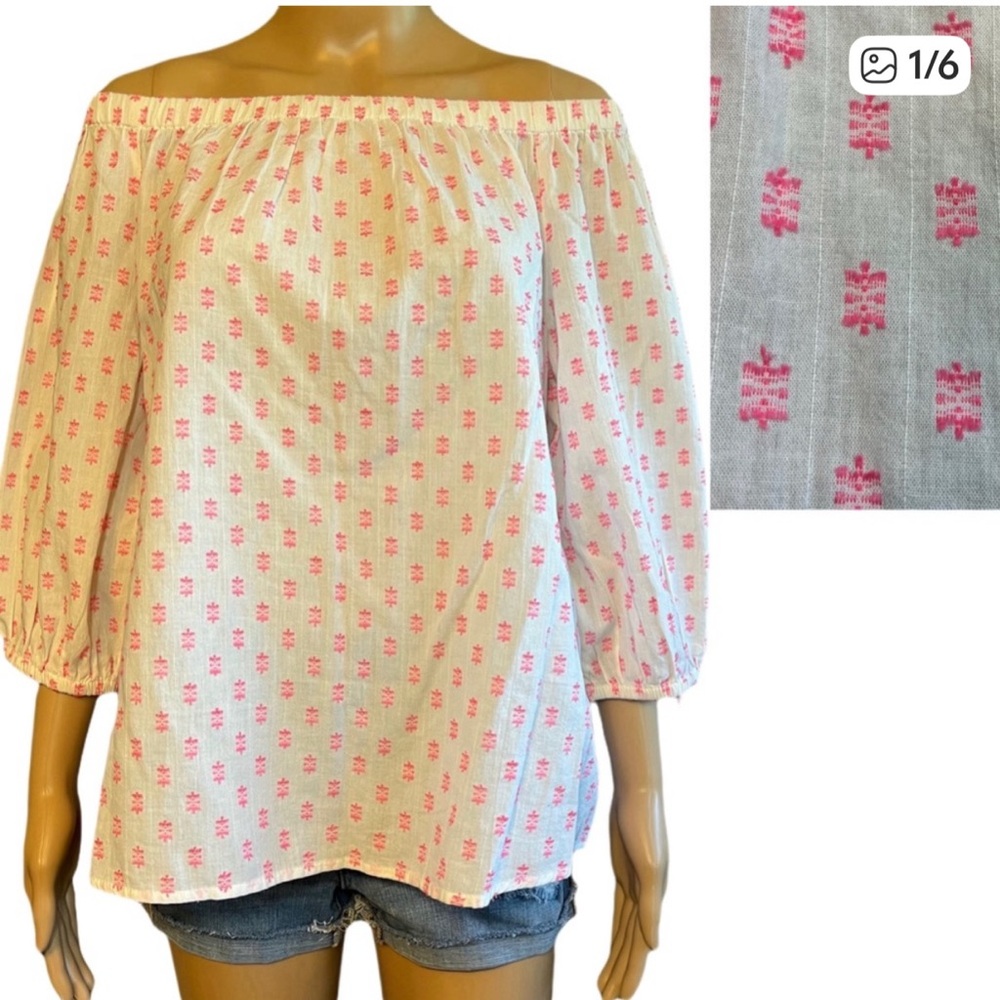 NWT H&M Cotton Embroidered Neon Pink Off Shoulder Blouse 6